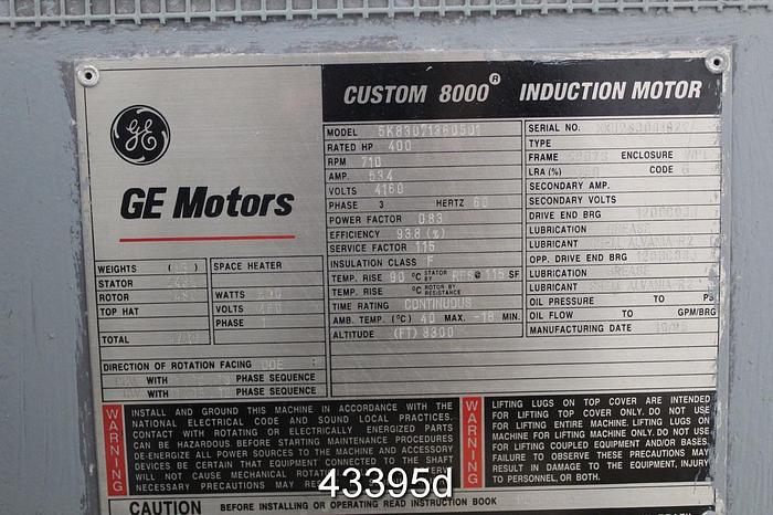 Used General Electric 400 HP A/C Motor, 715 Rpm, 4160 Volts #43395
