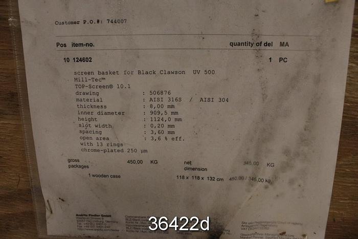 Unused Black Clawson UV500 Pressure Screen Basket, .008" Slots #36422