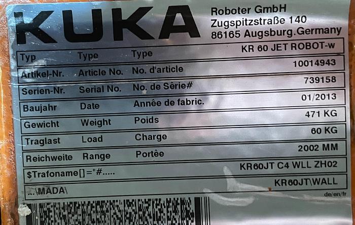 Used 2012 KUKA KR60 JET GANTRY ROBOT SYSTEM WITH KRC4 CONTROLLER