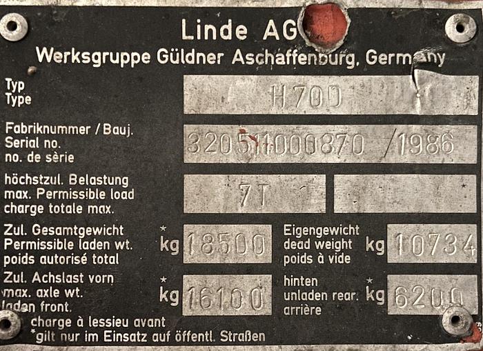 Used 1986 HEFTRUCK: LINDE H70D 7 tons