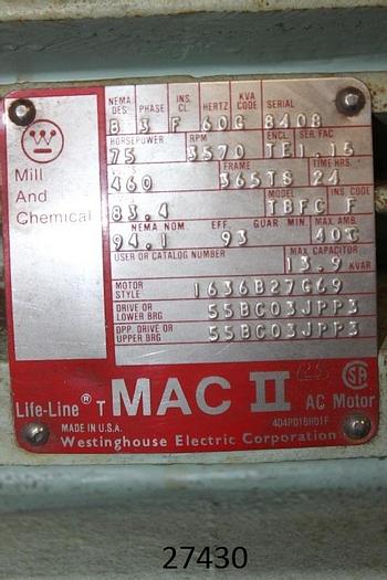 Used Mac TBFC Ac Motor, 75 Hp, 3570 Rpm, 460V, Frame 365Ts, S.F. 1.15, 83.4 Amps, Te, 60Hz, 3 Phase #27430