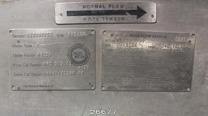 Used Micromotion DS3005155 3", Meter Type7, Meterfactor 49251, Flow Cal  Factor 492.15.13, Dens Cal Factor 09491132394.44, Tube 740 Psig Temp -240 To 204°Cc Conn 230 Psig, Cal Factors Ref To 0° C #26677