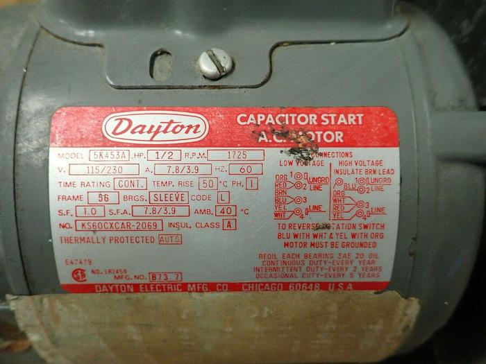 Used Dayton Model 5K453A HP 1/2 No. KS60CXCAR-2069 Capacitor Star A.C Motor