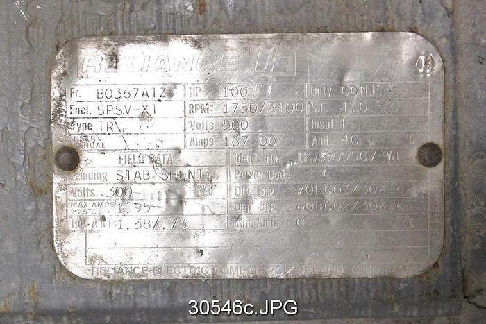 Used Reliance TR 100 HP, 500 VOLT, 1750/2100 RPM DC Motor #30546