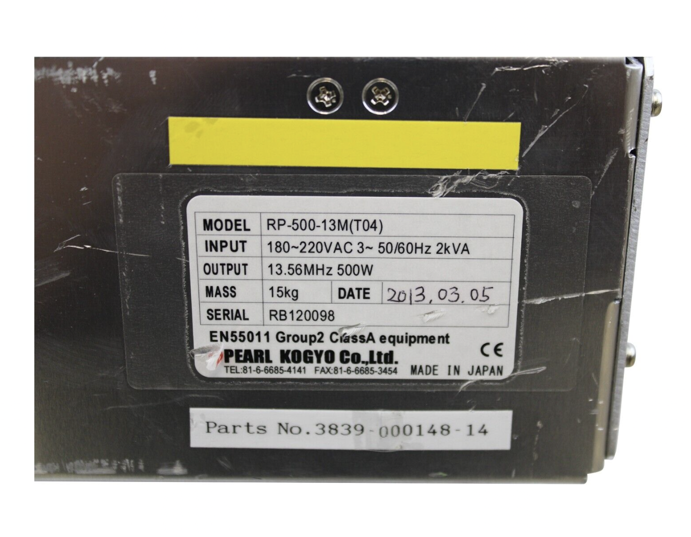 Used Pearl Kogyo Co RP-500-13M( T04) RF POWER GENERATOR 180-220VAC 3 50/60HZ 2K VA