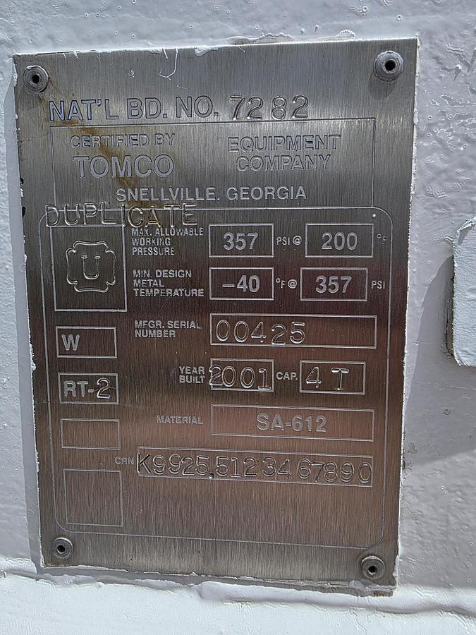 Used 2001 Tomco 4T Fire CO2 Tank