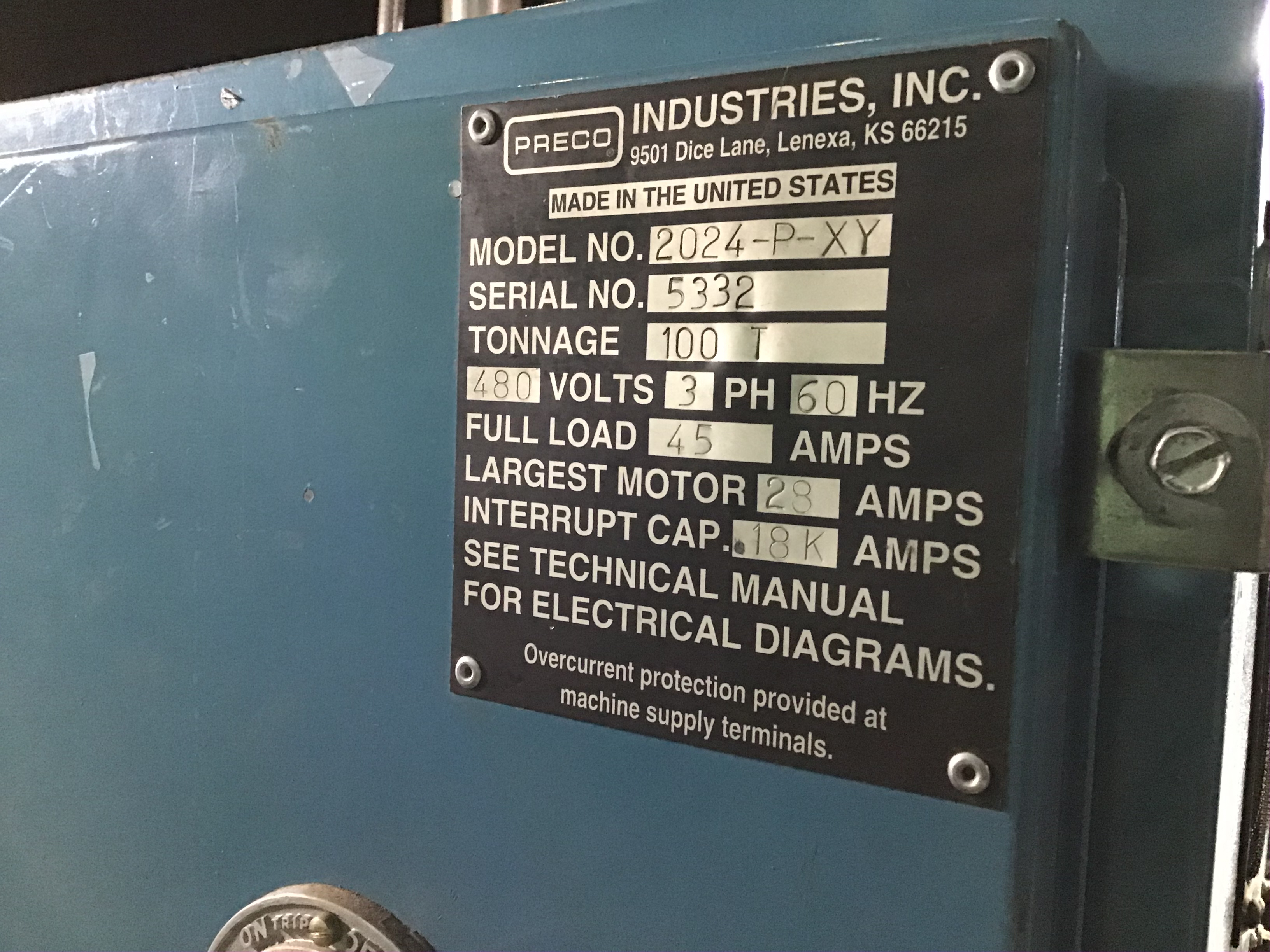 Used 100 Ton Preco Mdl. 2024 Die Cutting Press