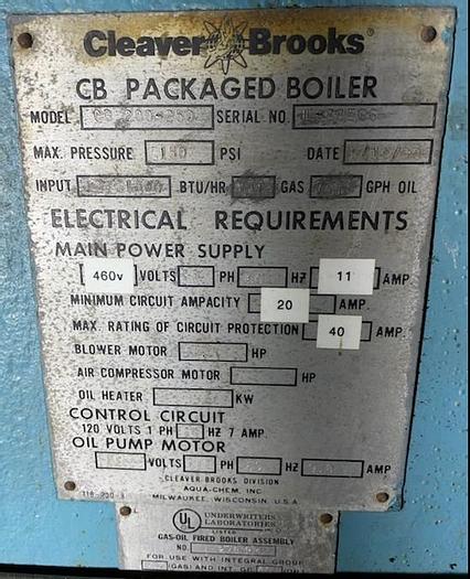 Used 1990 Cleaver Brooks  CB 200-250 250 HP 150 PSI Steam Boiler