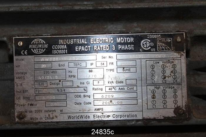 Used Worldwide Electric WWE20-18-256T Ac Motor, 20 Hp, 1770 Rpm, 230/460V, Fr256T #24835