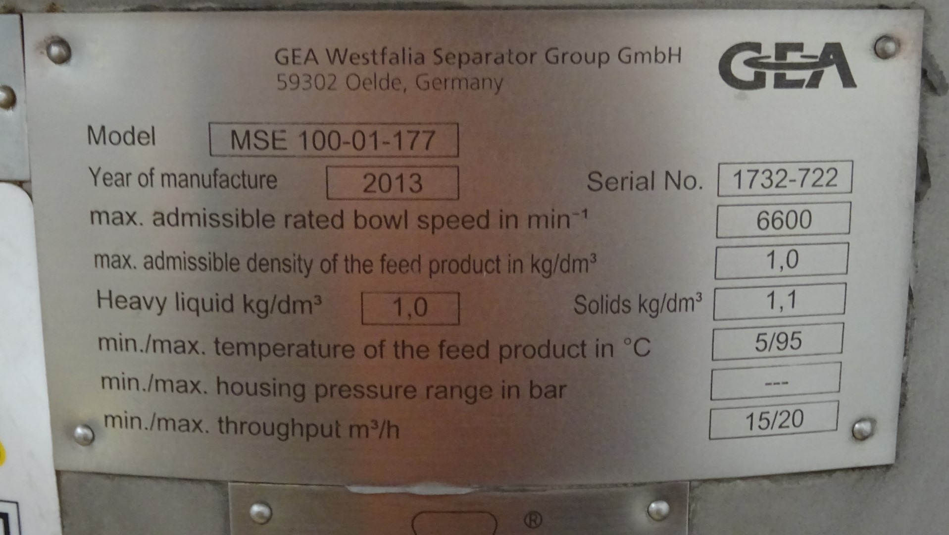 Used 2013 - Unused Cream Separator - GEA Westfalia MSE 100-01-177