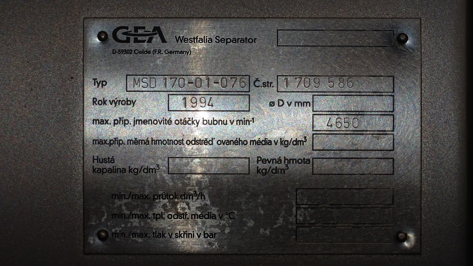 Used Cream Separator GEA Westfalia MSD 170-01-076