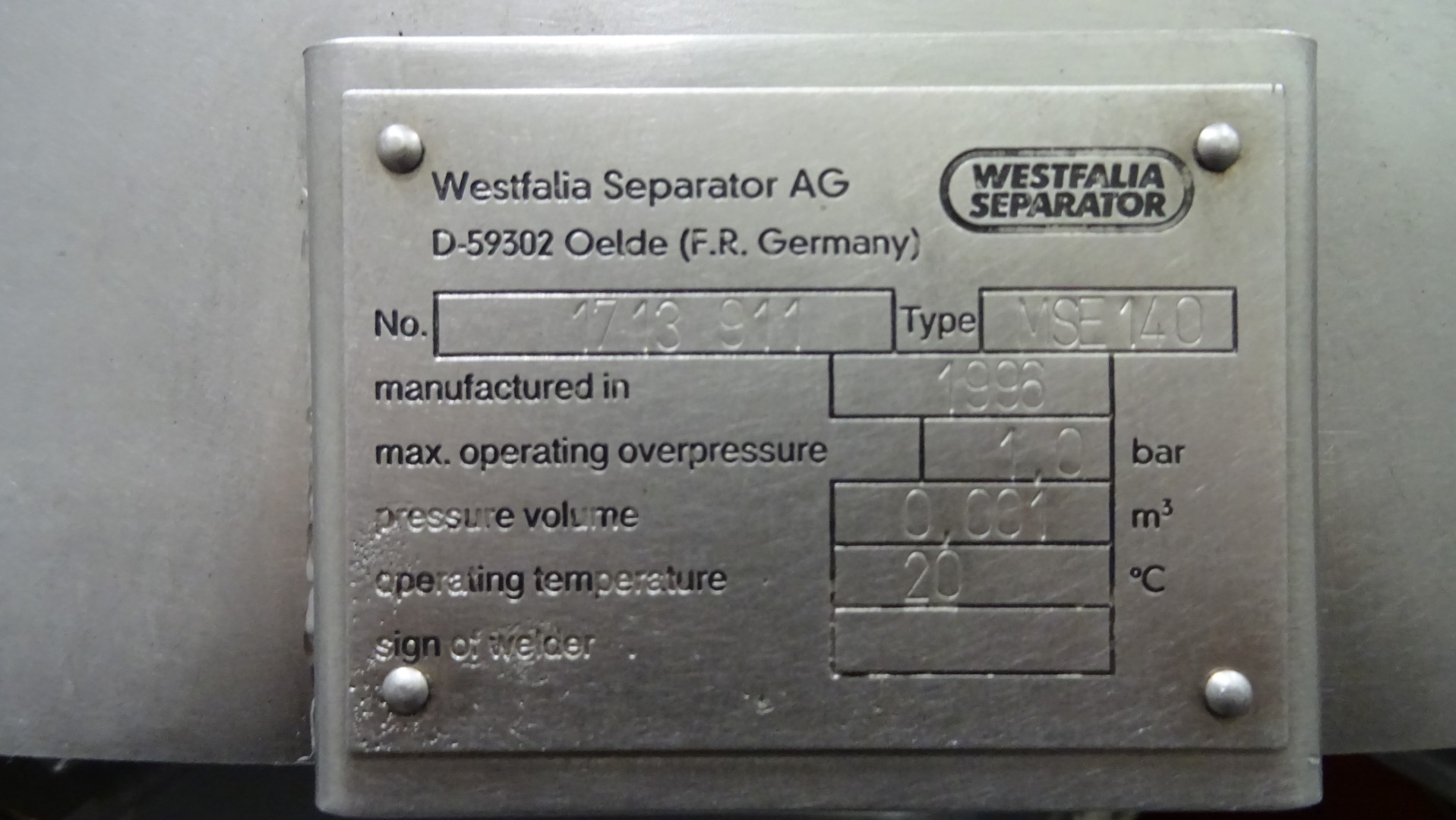 Used Whey clarifier GEA Westfalia MSE 140-96-076