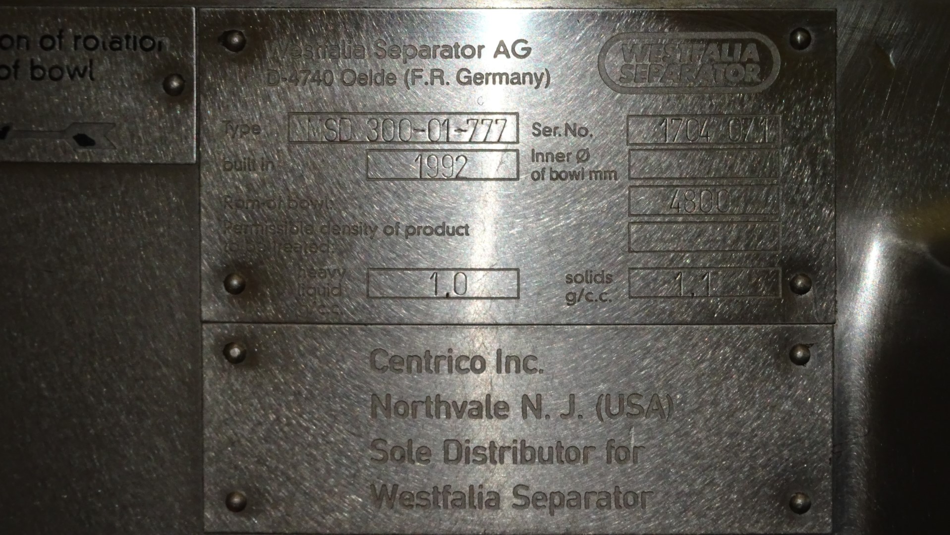 Used Incomplete Cream Separator GEA Westfalia MSD 300-01-777 (without bowl)