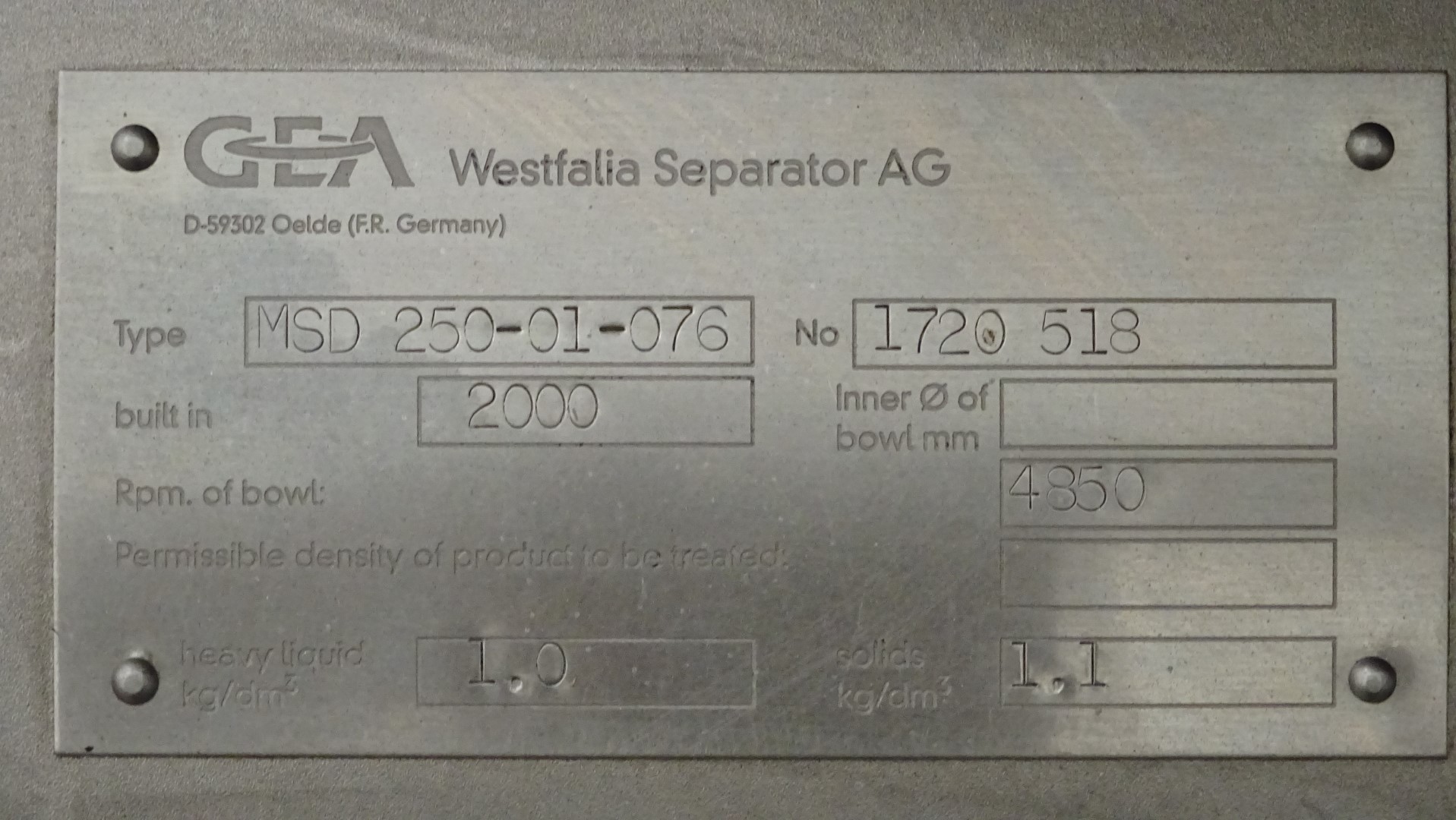Used Cream Separator GEA Westfalia MSD 250-01-076
