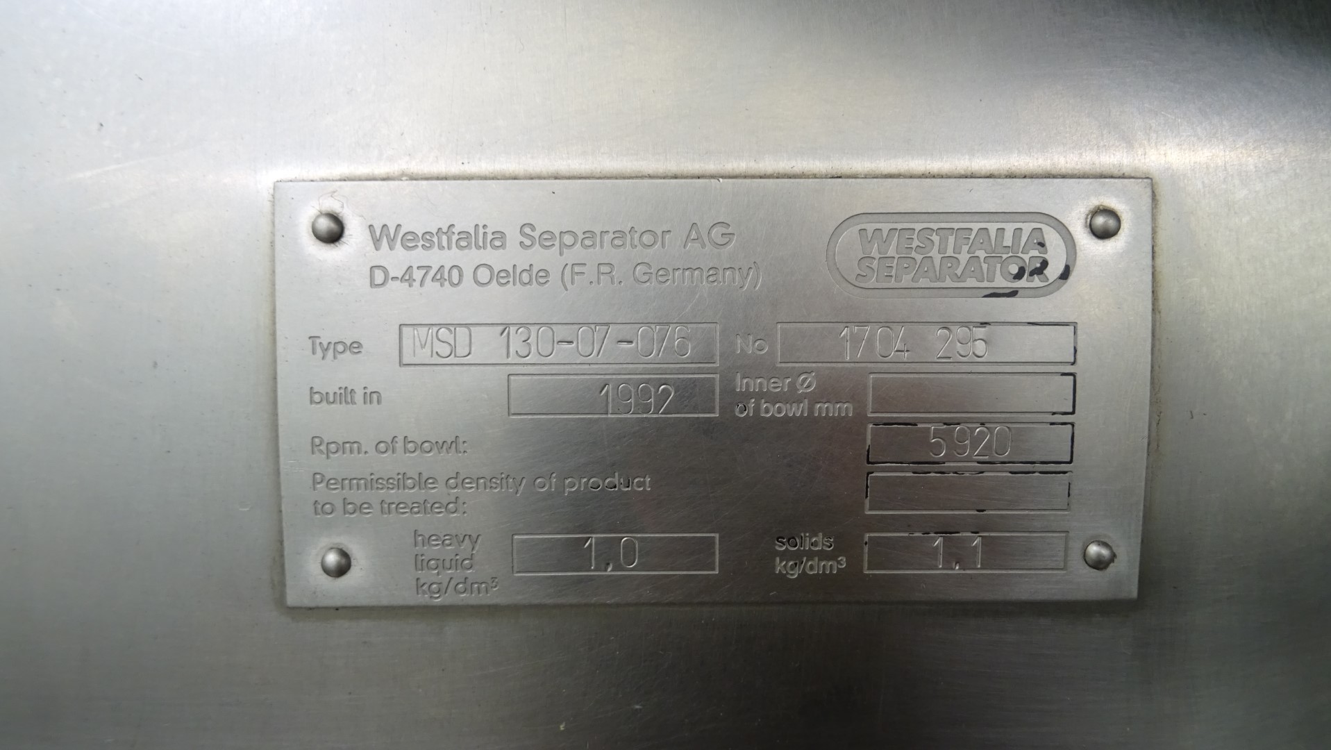 Used Cold Milk Cream Separator GEA Westfalia MSD 130-07-076