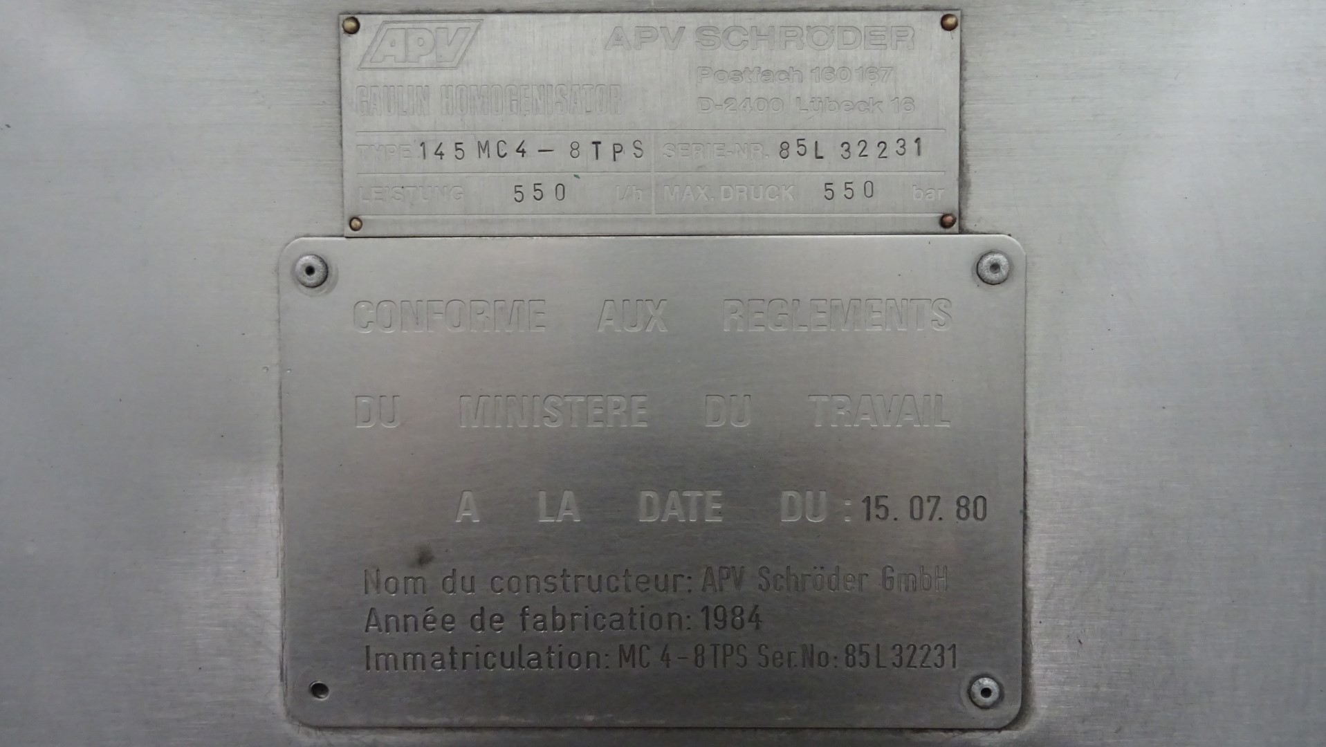 Used High Pressure Homogeniser APV Gaulin 145 MC 4-8TPS