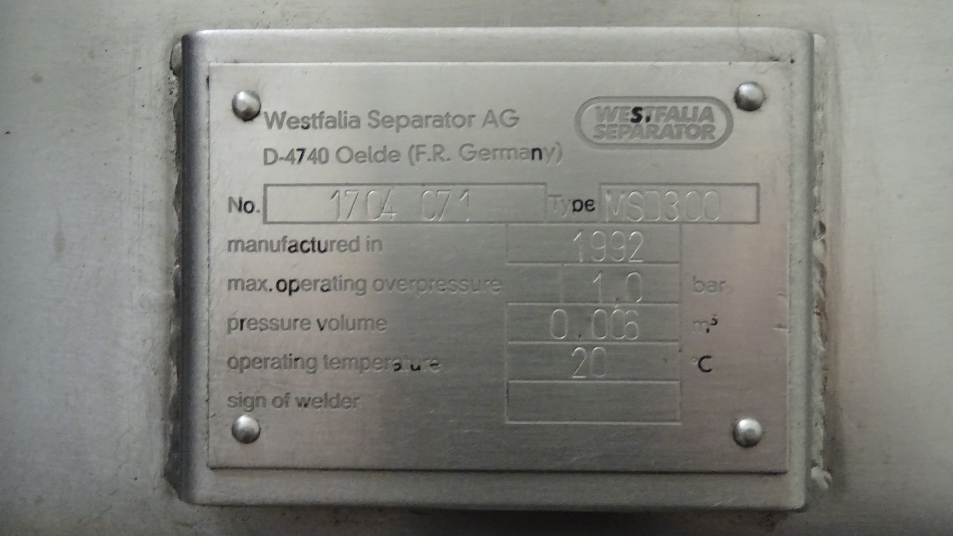 Used Incomplete Cream Separator GEA Westfalia MSD 300-01-777 (without bowl)