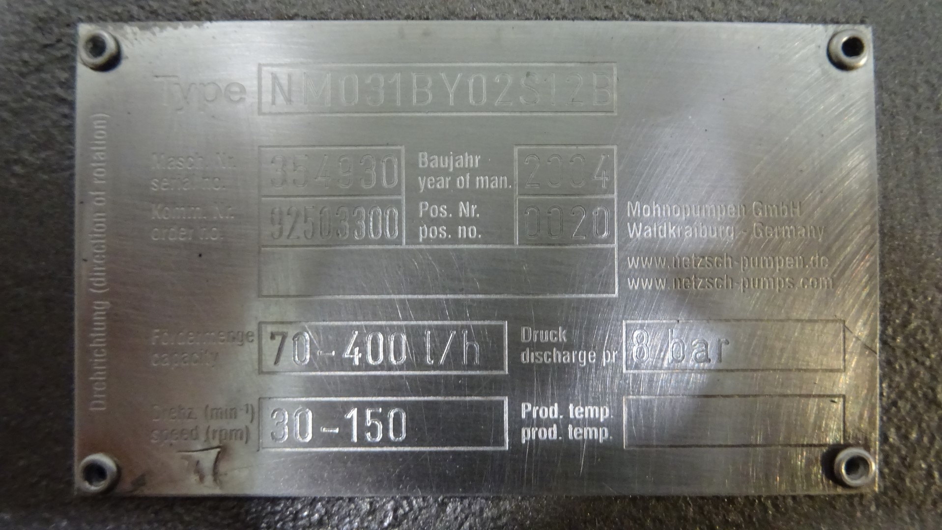 Used Progressing Cavity Pump / Mono Pump / Screw pump - Netzsch NM031BY02S12B