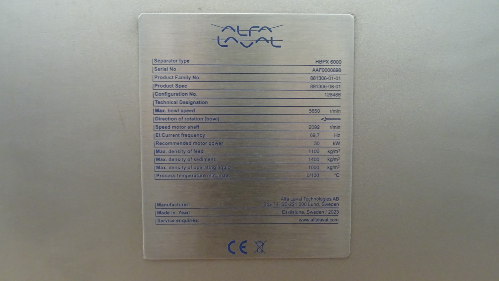 Used Year 2023 - Unused Separator for protein applications - Alfa Laval HBPX 6000