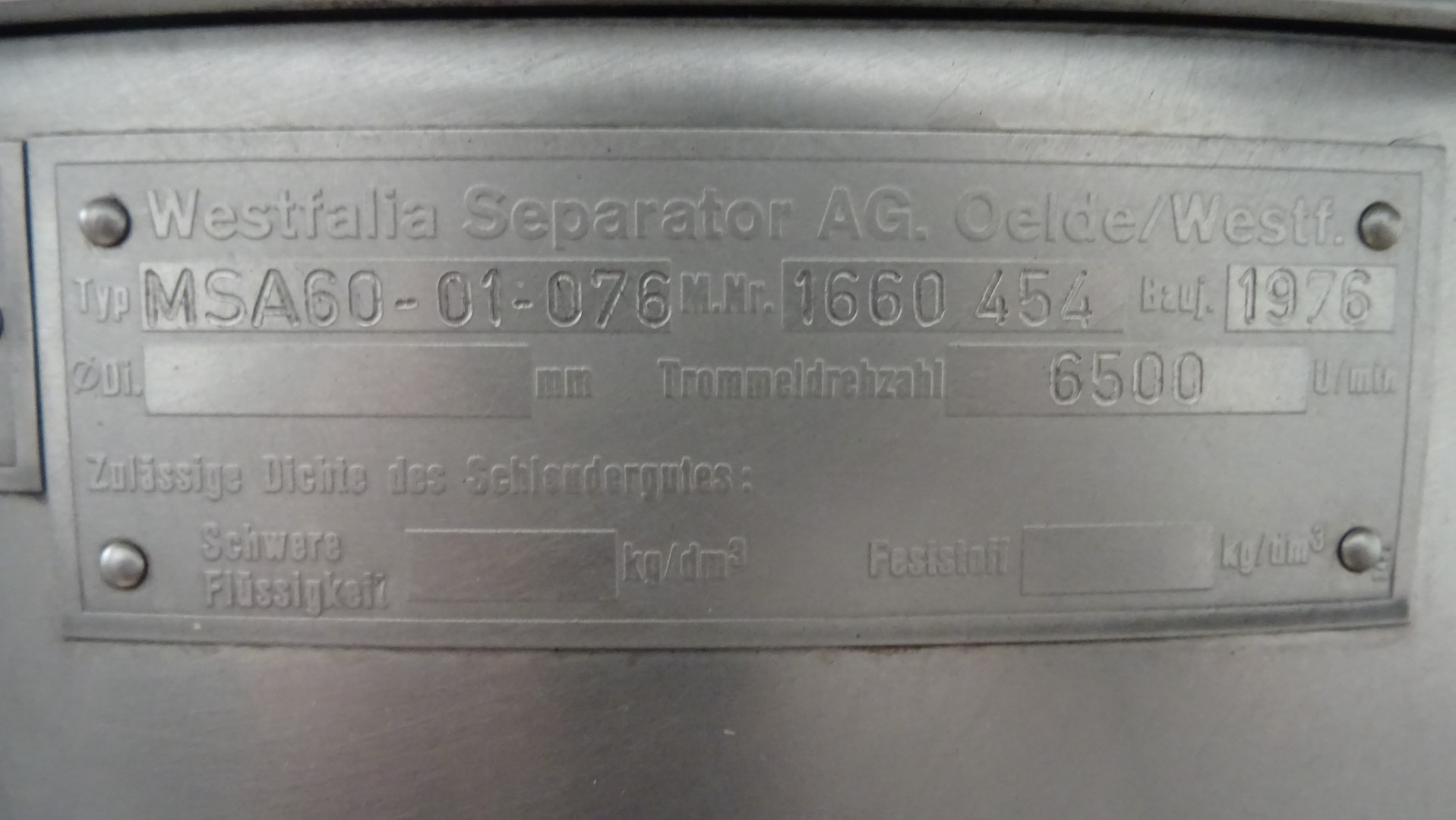 Used Cream Separator GEA Westfalia MSA 60-01-076