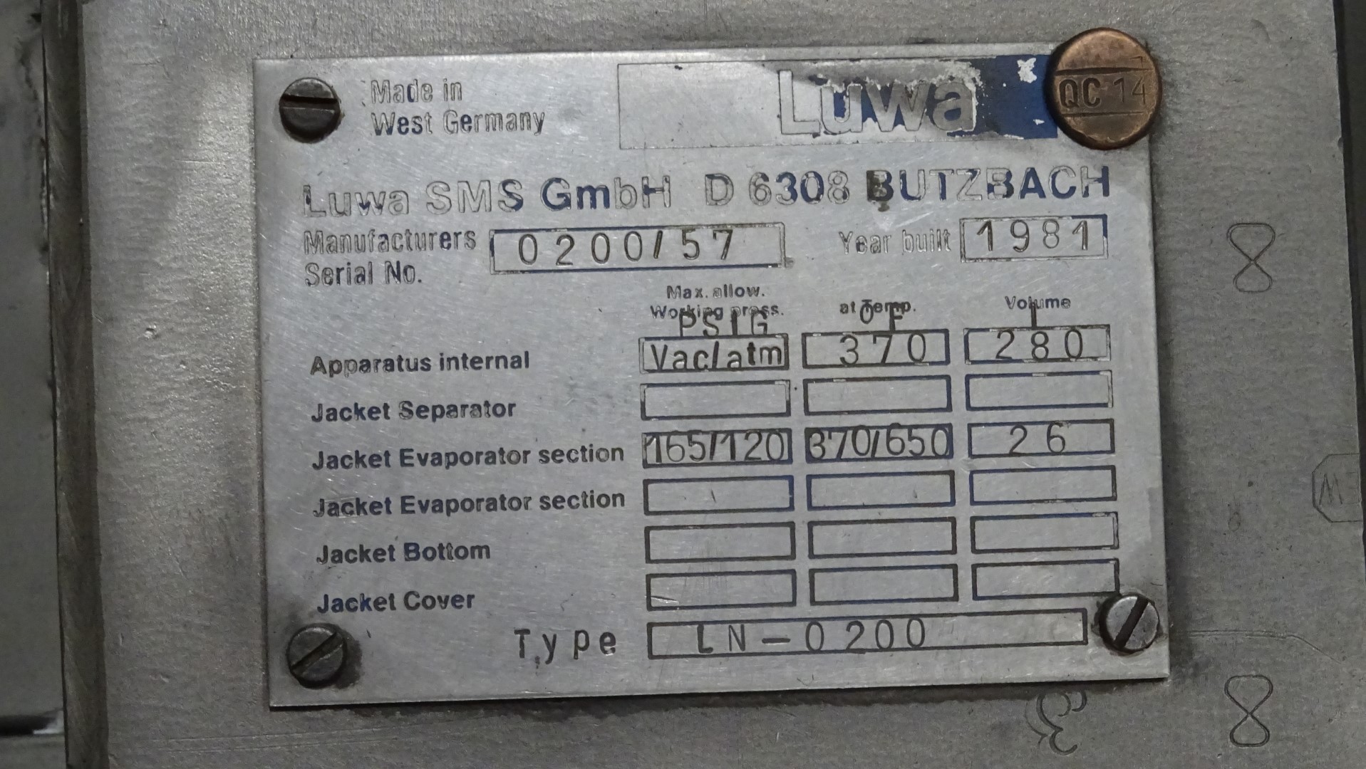 Used Luwa SMS GmbH LN-0200 - Vertical Thin Film Evaporator