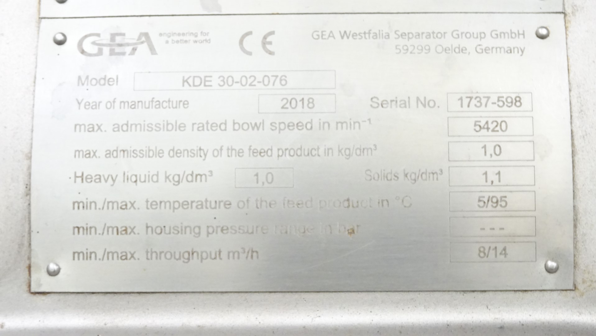 Used Year 2018 - Unused Nozzle Separator for Strained Yoghurt, Quark and Fresh Cheese GEA Westfalia KDE 30-02-076
