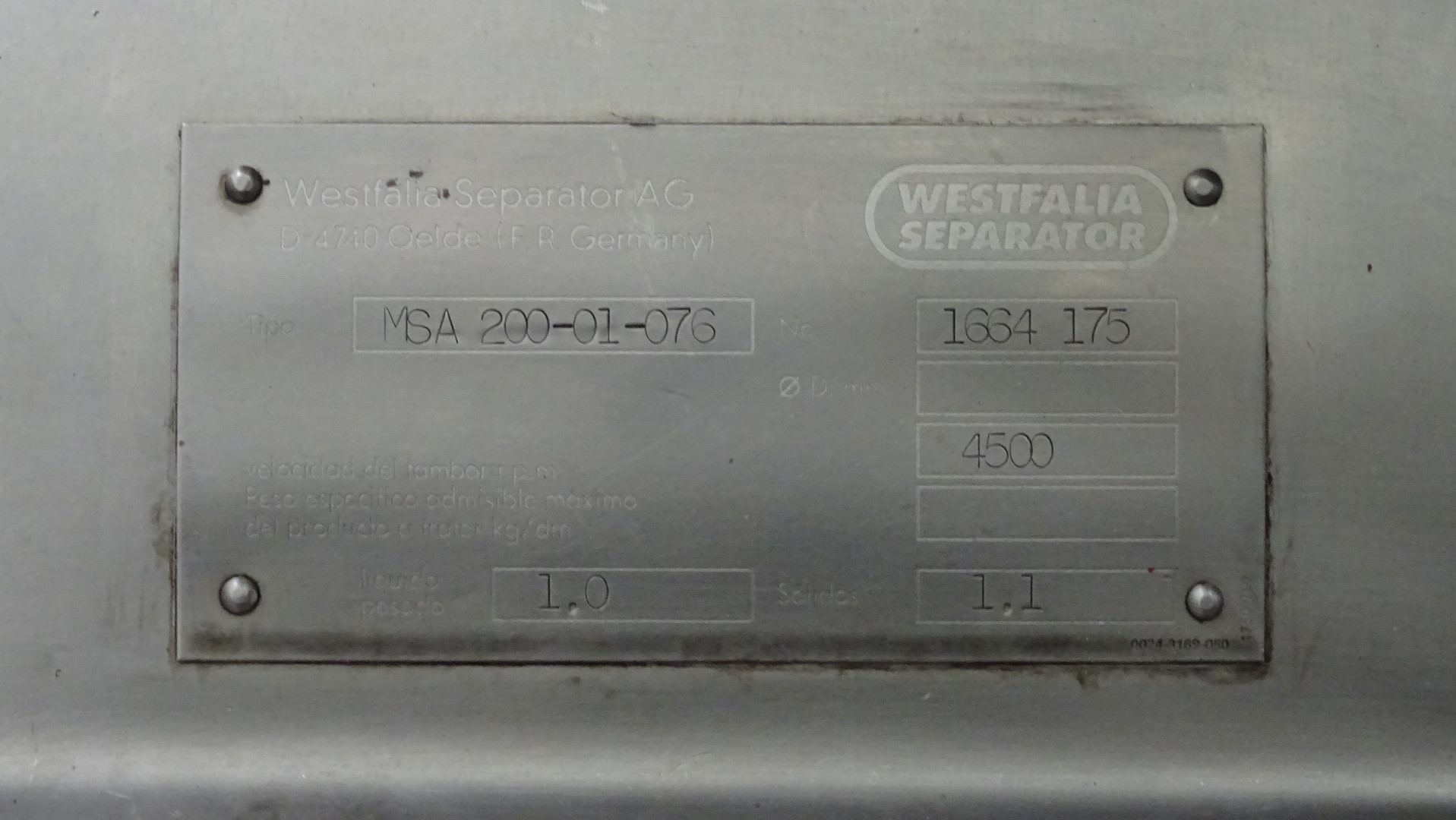 Used Cream Separator GEA Westfalia MSA 200-01-076