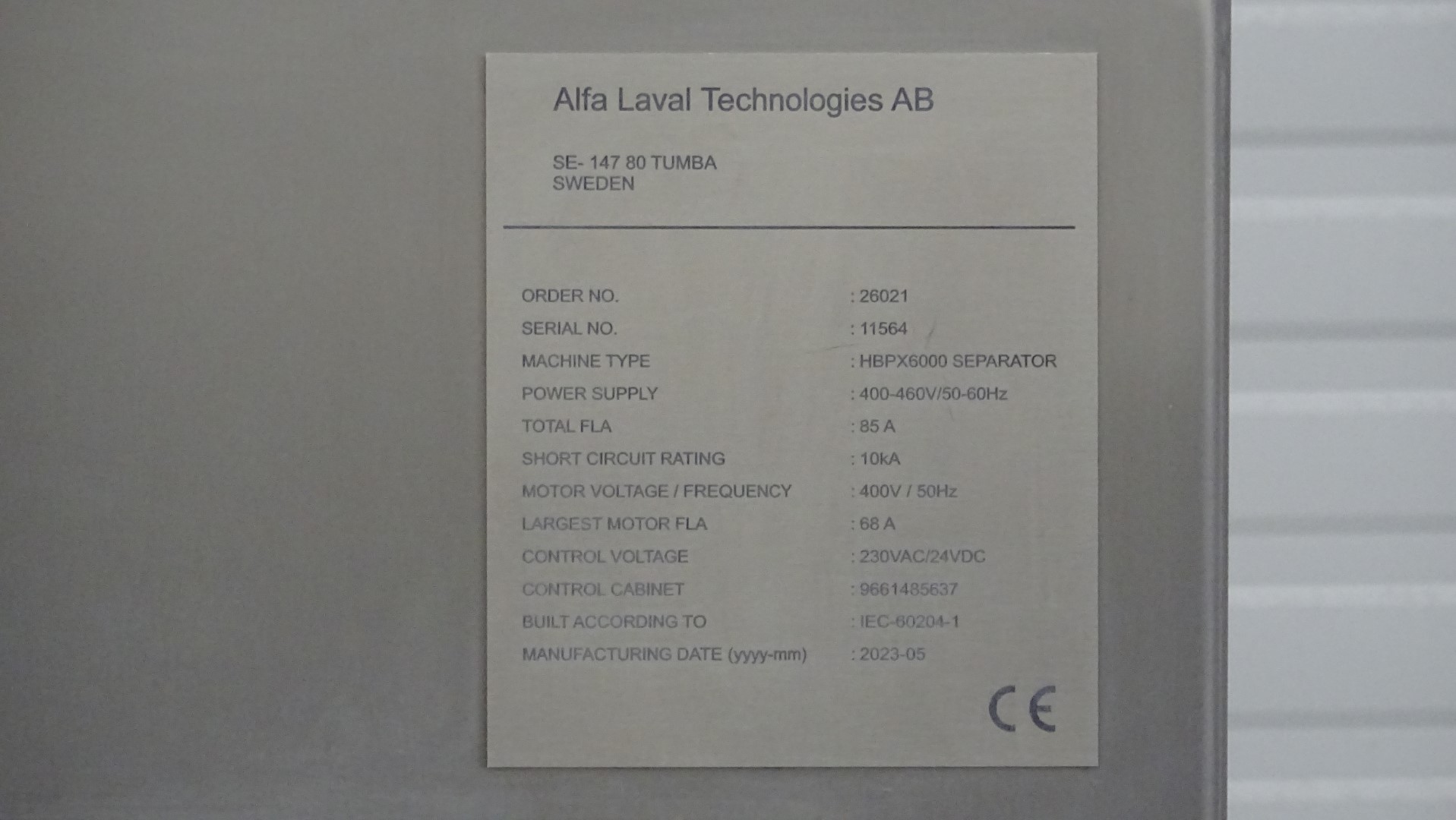 Used Year 2023 - Unused Separator for protein applications - Alfa Laval HBPX 6000