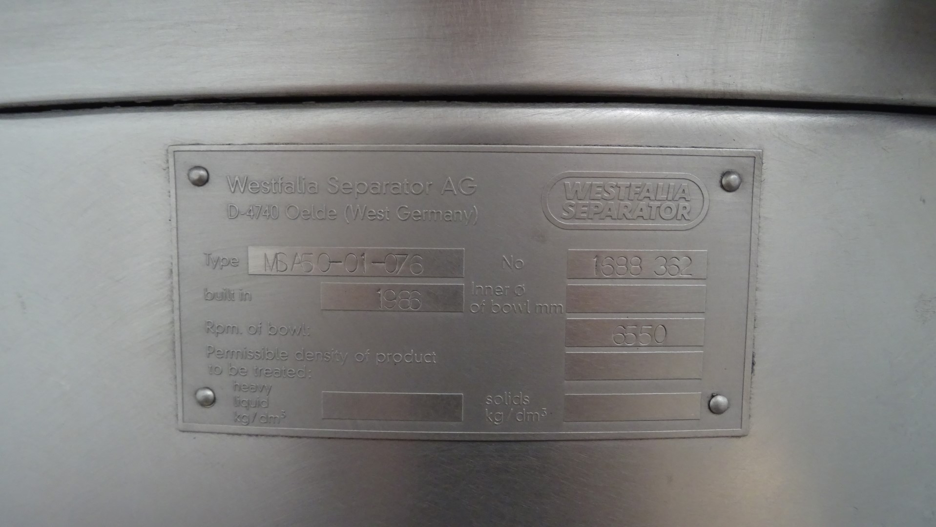 Used Cream Separator GEA Westfalia MSA 50-01-076