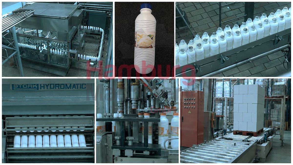 Used Bottle blowing, filling, closing, sterilizing, labelling and packing line for PE bottles of 1,5 liter with milk - Sidel / Remy / Stork