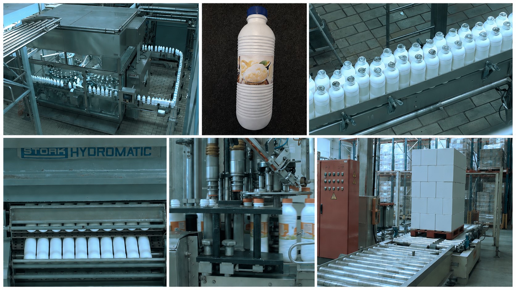Used Bottle blowing, filling, closing, sterilizing, labelling and packing line for PE bottles of 1,5 liter with milk - Sidel / Remy / Stork