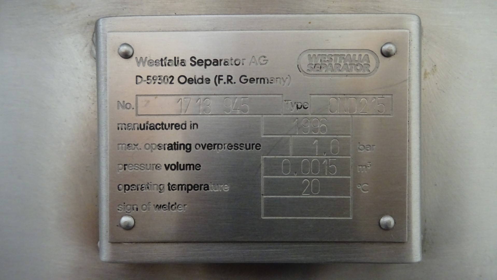 Used Bactofuge GEA Westfalia CND 215-01-076