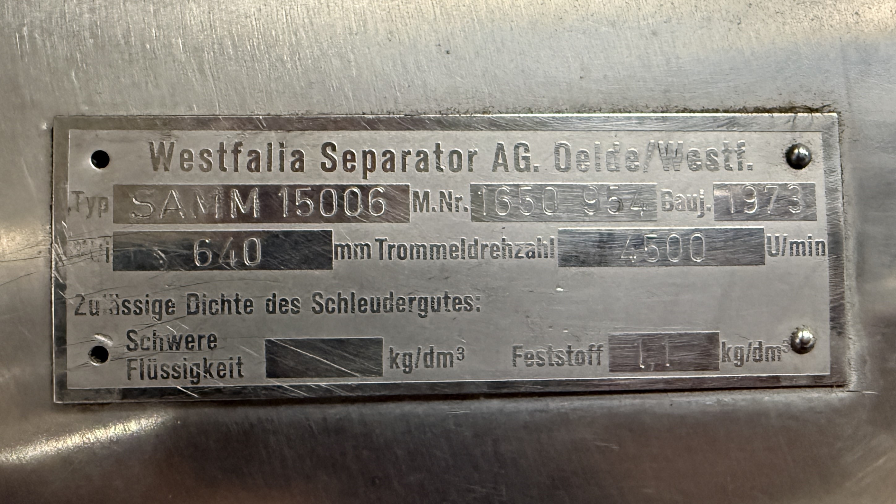 Used Cream Separator GEA Westfalia SAMM 15006