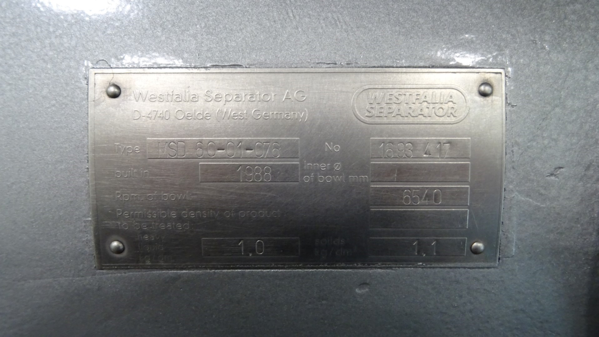 Used Cream Separator GEA Westfalia MSD 60-01-076