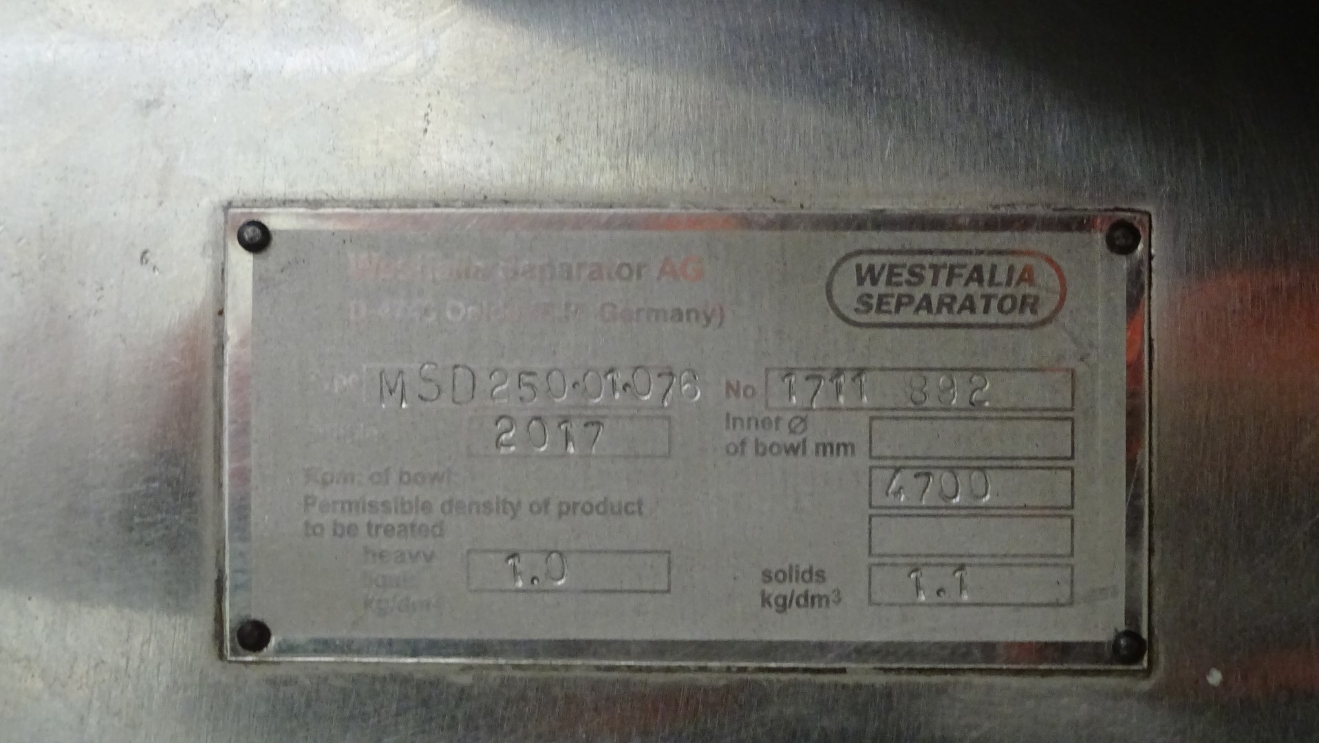 Used Cream Separator GEA Westfalia MSD 250-01-076