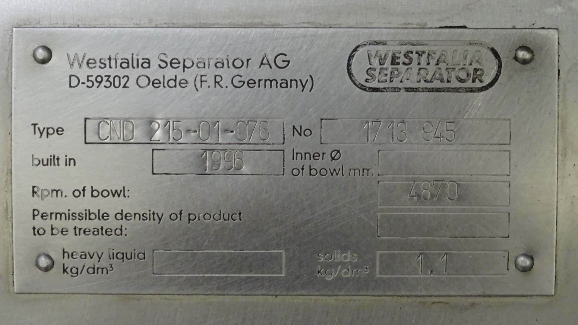 Used Bactofuge GEA Westfalia CND 215-01-076