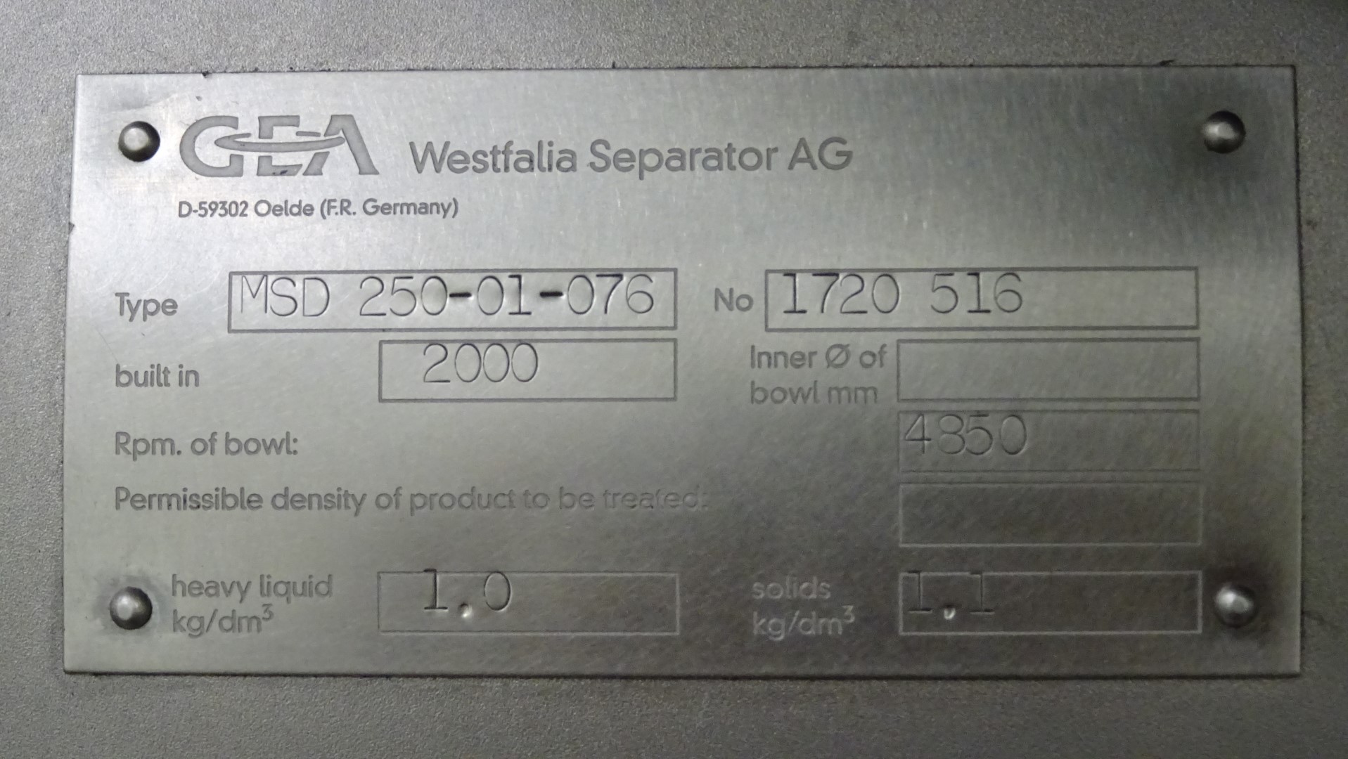 Used Cream Separator GEA Westfalia MSD 250-01-076