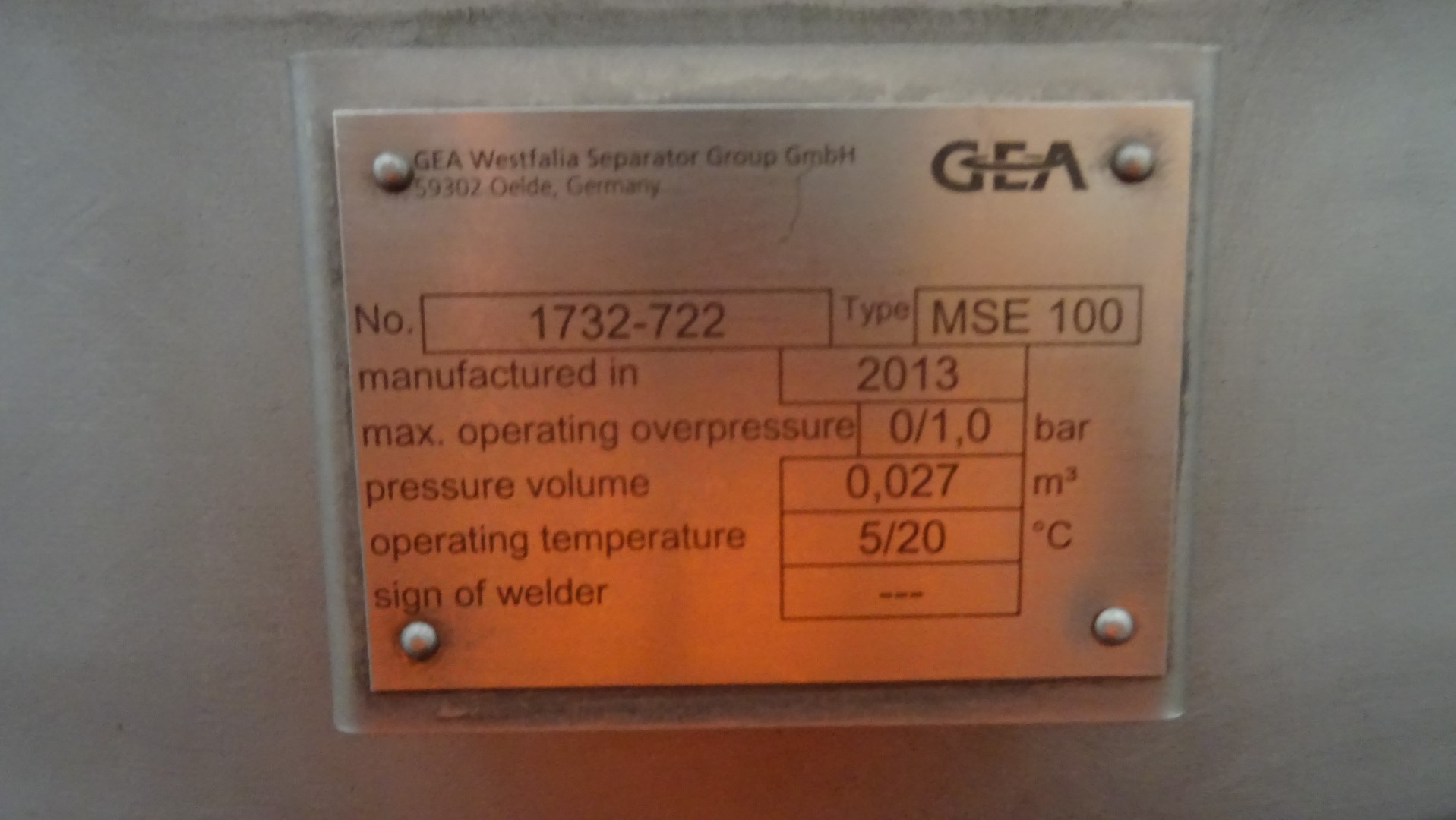 Used 2013 - Unused Cream Separator - GEA Westfalia MSE 100-01-177