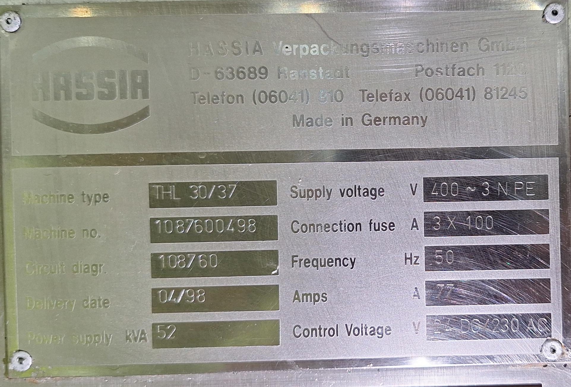 Used Form Fill Seal Machine (FFS) for mini-portions of butter Hassia THL 30/37