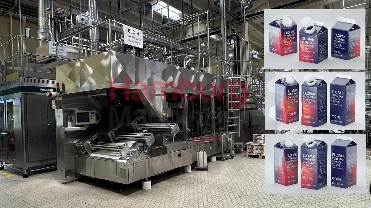 Used Aseptic Carton Filling Line: Shikoku S-PS80HA + 3x Elopak PLA-S30 Applicator + Oystar A+F Packer