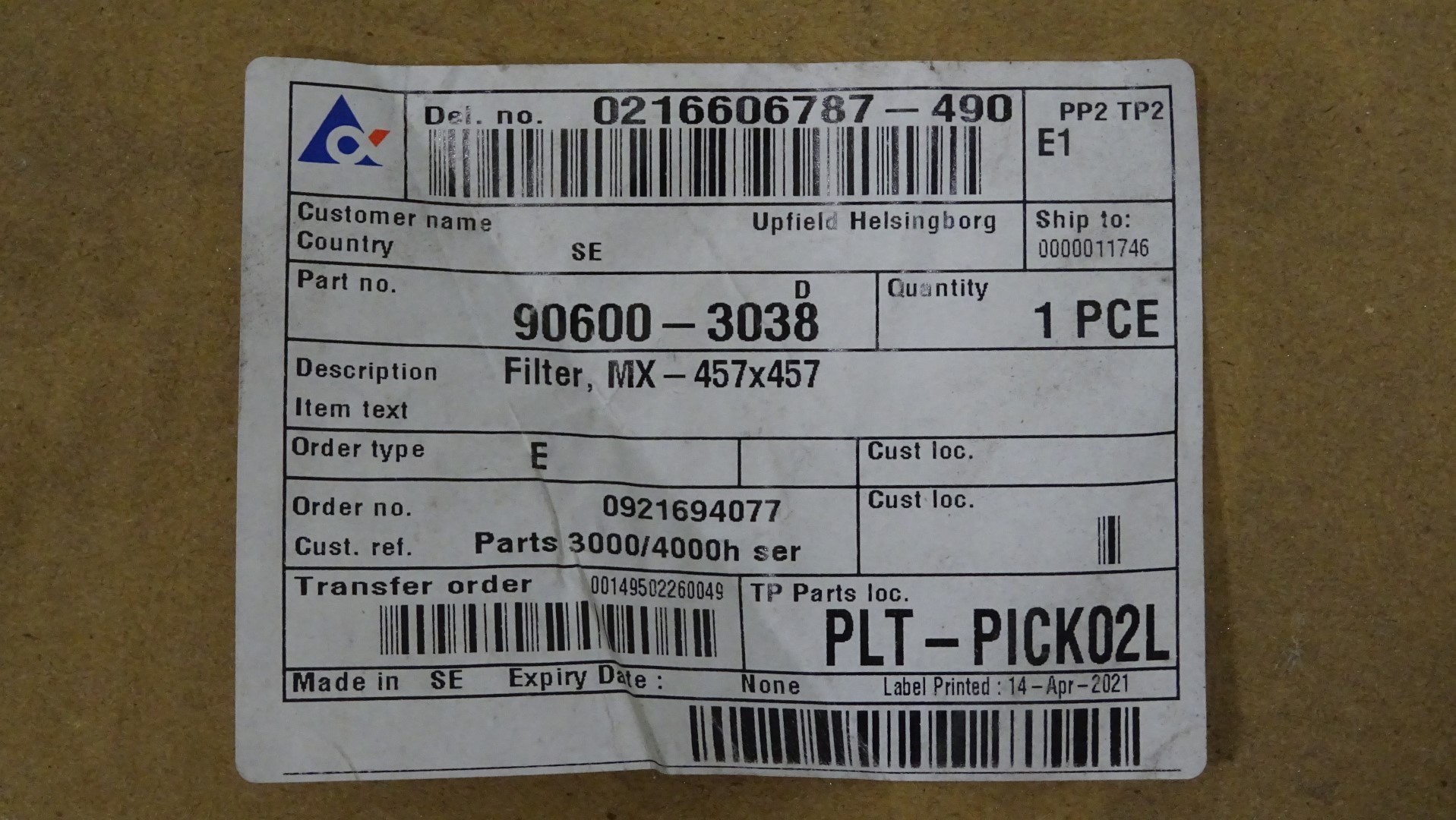 Used Unused Air Filter Element for a Tetra Top machine - Camfil Filter MX14-2G10-457x457x90-PO