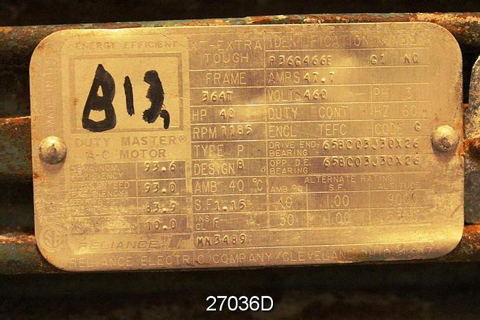 Used Reliance  Reliance Ac Motor 40 Hp, 460 Volt, 1185 Rpm.  364T Frame. #27036