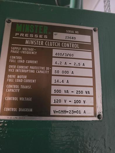 Used Minster 60 Ton Stamping Punch Press OBI A/C A/B with Roll Feed & Press Watch