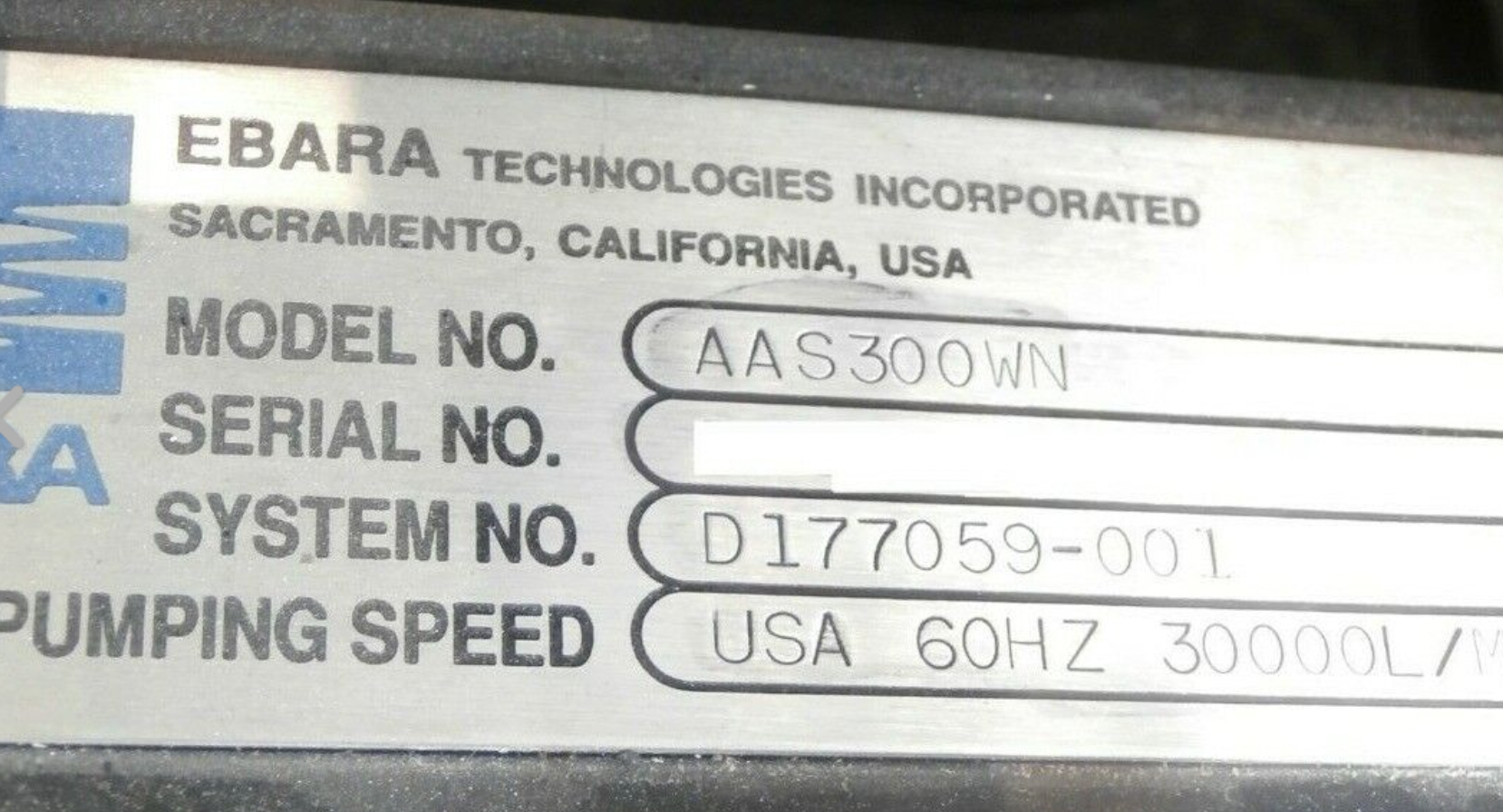 Used Ebara AAS300WN Dry Vacuum Pump AAS Series with Interface 210451B Refurbished