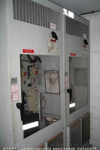 Used Jagenberg 45-21 Machine Winder, 24"X128" Drums, Regenerative Brake, Dual Drum Drives With 100Hp, 500V, Dc Drives, Falk 2070Y1B Gear Boxes, Shaftless Rewind, 84" Max Rewind Diameter #23531