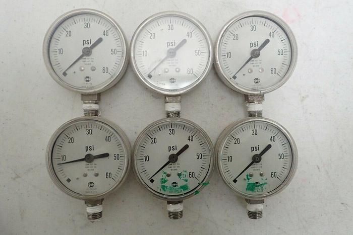 Used Lot of 6 USG 316 SST Tube Connection Welded 0-60 PSI Pressure Gauges