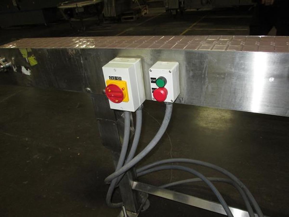 Used Hanover 6" wide x 14-ft Long Stainless Steel Flat Top Chain Conveyor