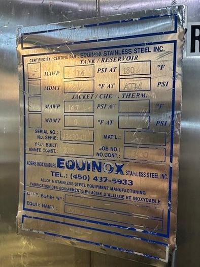 Used Equinox 3100 liter stainless steel jacketed tank