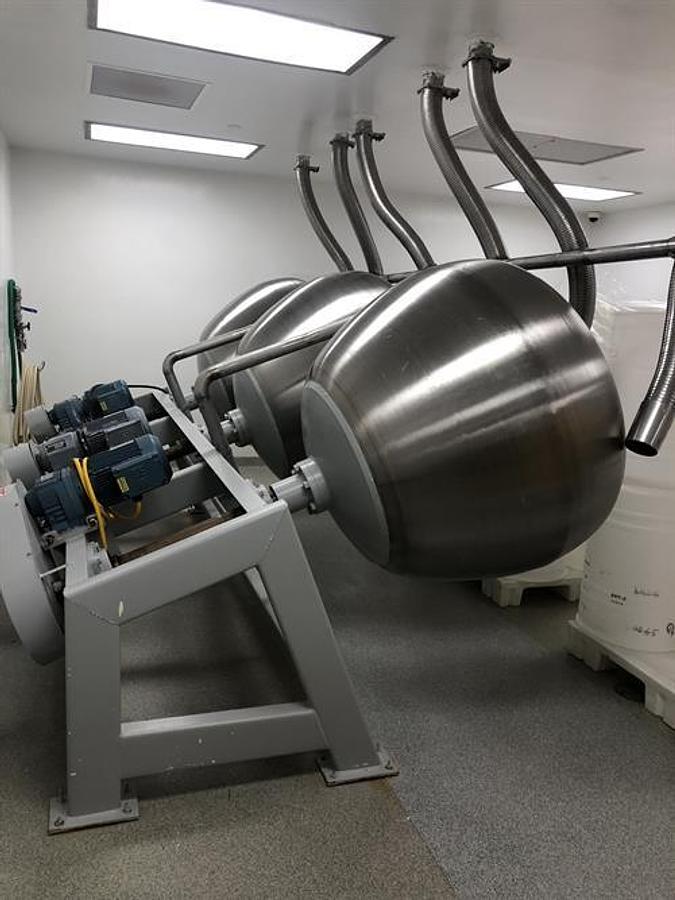 Used (3) O'Hara 48" diameter stainless steel coating pans on a common frame