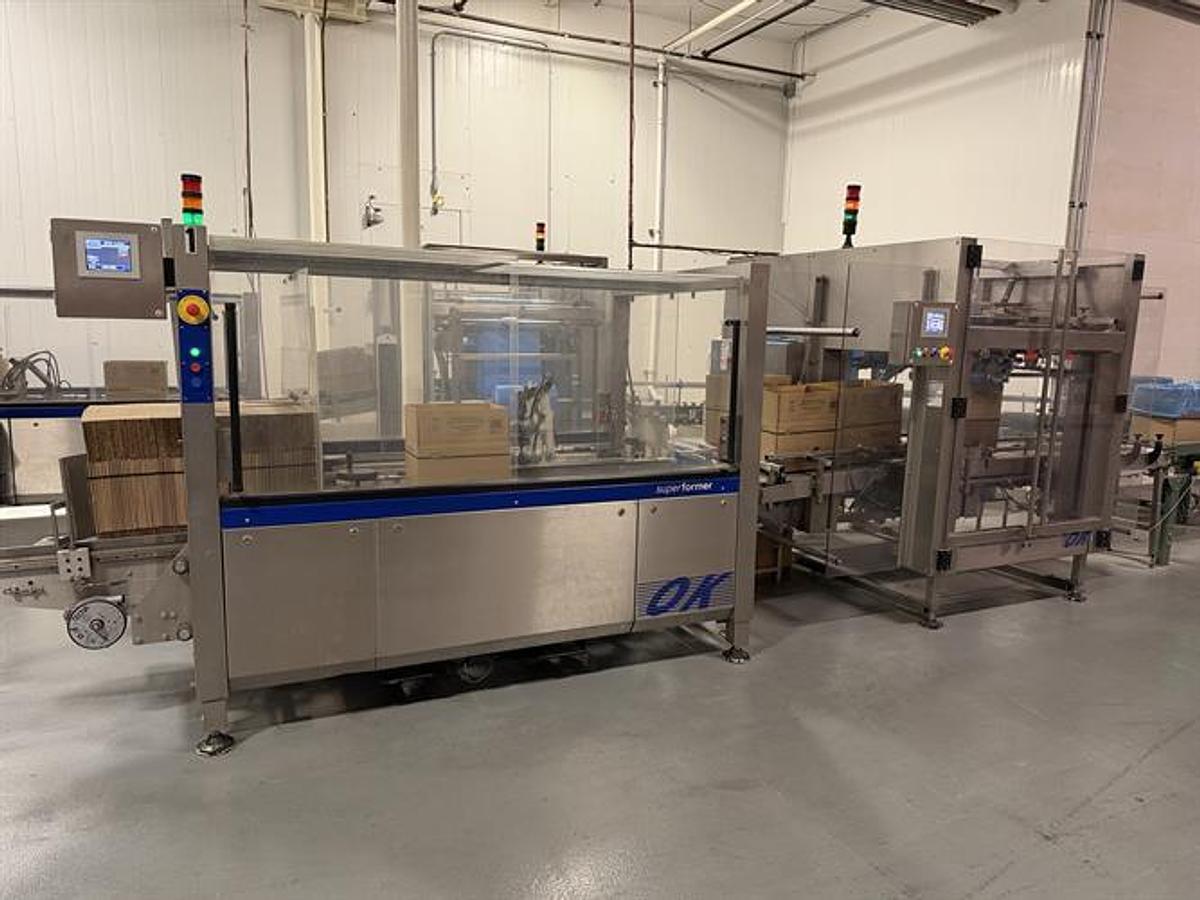 Used OK Superformer-1M Case Erector with OK SL220 Bag Inserter